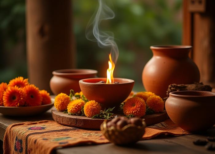 Prácticas ancestrales con copal y flores, en un ambiente místico.