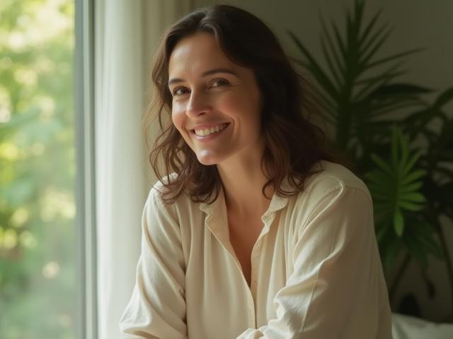 Ana P., sonriendo y luciendo saludable, con un aura de paz.