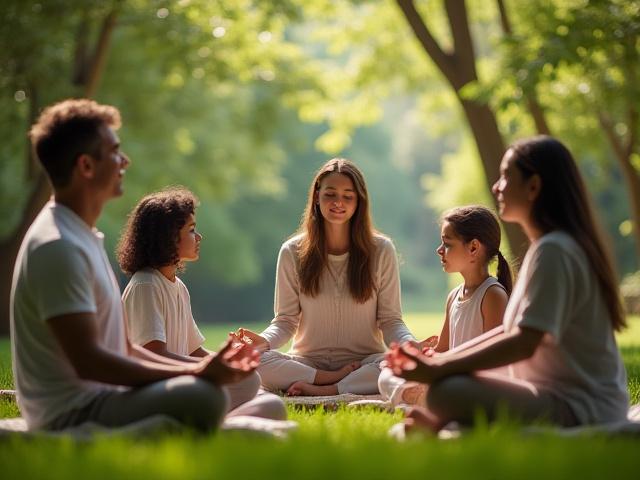 Familia sentada en círculo meditando juntos en un jardín tranquilo.