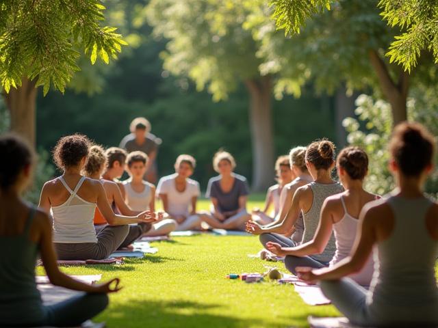 Padres concentrados en una clase de yoga para adultos mientras, a lo lejos, un grupo de niños realiza un taller de arte.