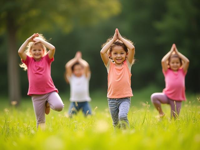 Niños pequeños imitando animales en una postura de yoga al aire libre, jugando y riendo.