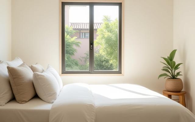 Una habitación de retiro individual, decorada con sencillez y elegancia minimalista, un colchón confortable, ventanales con vista a la vegetación y detalles artesanales mexicanos.