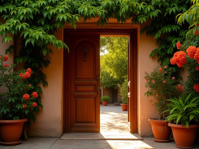 La majestuosa puerta de entrada de Zen Congelado en Coyoacán, enmarcada por vegetación exuberante y luz natural.