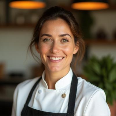 Chef Lucía Méndez sonriendo, con un delantal elegante, en una cocina luminosa con hierbas frescas en el fondo.