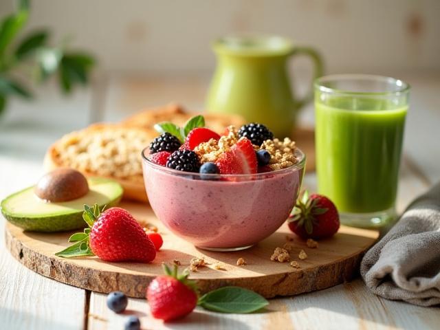 Variedad de desayunos energéticos que incluyen smoothies coloridos, bowls de avena con frutas frescas y panes sin gluten recién horneados.
