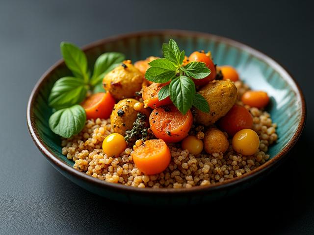 Un elegante plato de curry de lentejas con verduras frescas, decorado con hierbas aromáticas, que representa la cocina plant-based.