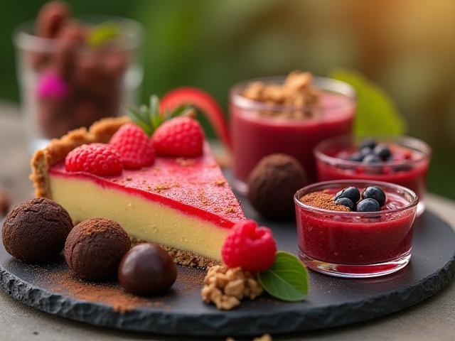 Una selección exquisita de postres saludables y sin culpa, como tartas de frutas frescas, brownies de aguacate y trufas de dátiles.