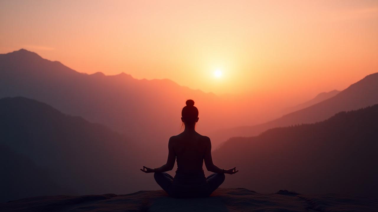 Persona meditando al atardecer en una montaña